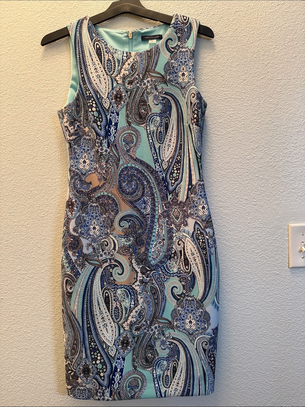 Tommy Hilfiger Aqua and Navy Paisley Midi Sheath Dress